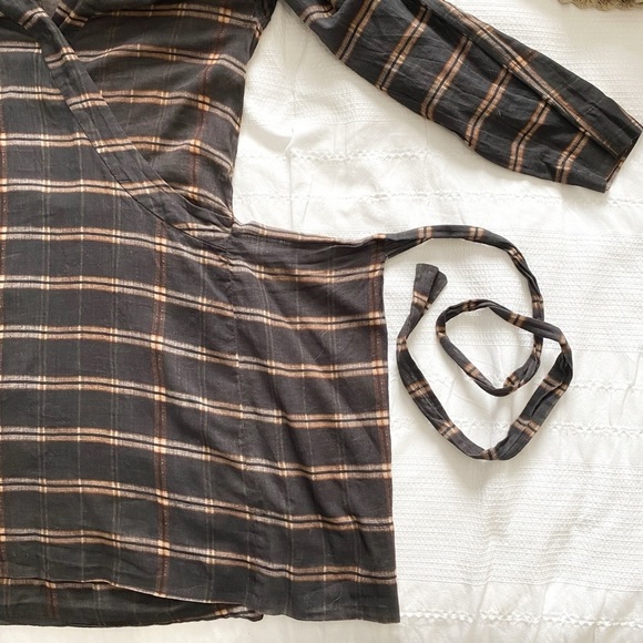 ISABEL MARANT ETOILE MUTED BLACK RED WHITE PLAID FAUX WRAP LONG SLEEVE DRESS - Picture 8 of 8